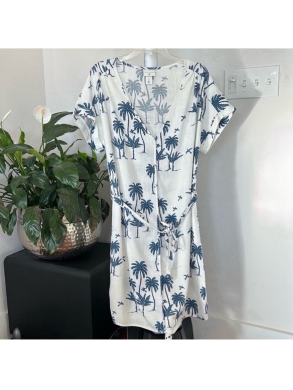 H&M Desmond & Dempsey Linen Mini/Knee Length dress Sz S Oversized Palm Tree